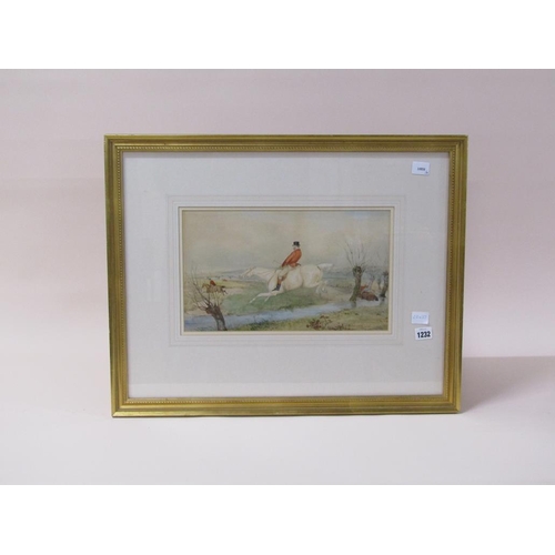 1232 - LATE 19C/EARLY 20C HUNTING SCENE, CROSSING THE STREAM, WATERCOLOUR, F/G, 22CM X 37CM