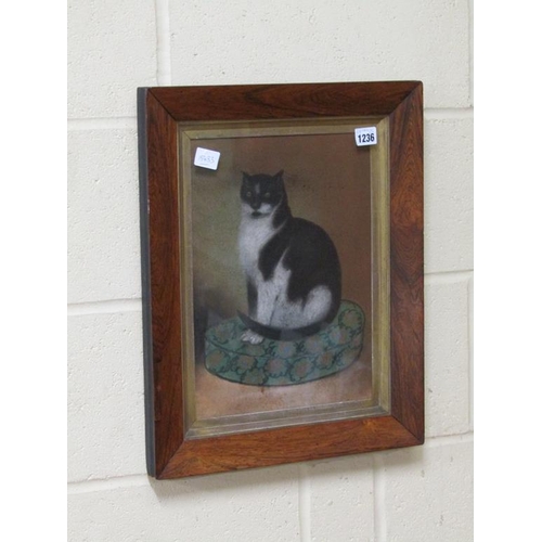 1236 - LATE 19C/EARLY 20C B&W CAT SEATED ON A CUSHION, UNSIGNED WATERCOLOUR, F/G, 36CM X 25CM