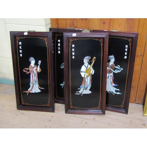 1244 - SERIES OF FOUR ORIENTAL COLOURED STONE FIGURATIVE PANELS, EACH 82CM X 41CM