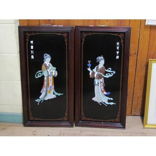 1244 - SERIES OF FOUR ORIENTAL COLOURED STONE FIGURATIVE PANELS, EACH 82CM X 41CM