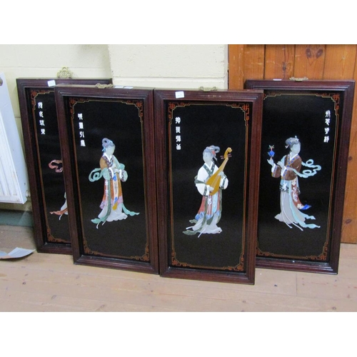 1244 - SERIES OF FOUR ORIENTAL COLOURED STONE FIGURATIVE PANELS, EACH 82CM X 41CM