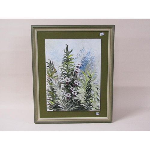 1247 - MONO LB - FLOWERING SHRUBS, OIL ON PANEL, FRAMED, 51CM X 46CM