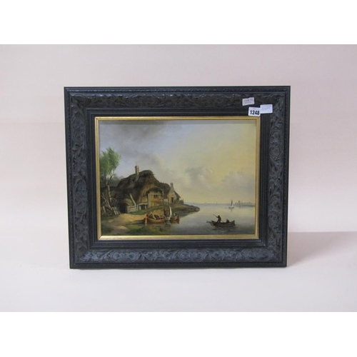 1248 - UNSIGNED OIL ON PANEL - THATCHED COASTRAL COTTAGE WITH BOATS AND FIGURES, 31CM X 41CM