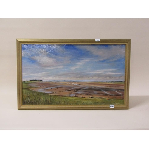 1266 - SIGNED INDISTINCTLY - EAST ANGLIAN COASTLINE, SIGNED OIL ON CANVAS, FRAMED, 44CM X 75CM