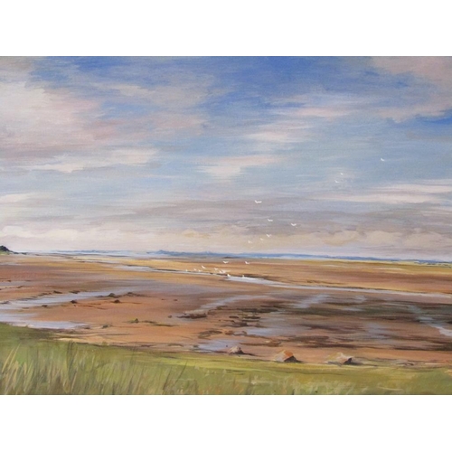 1266 - SIGNED INDISTINCTLY - EAST ANGLIAN COASTLINE, SIGNED OIL ON CANVAS, FRAMED, 44CM X 75CM