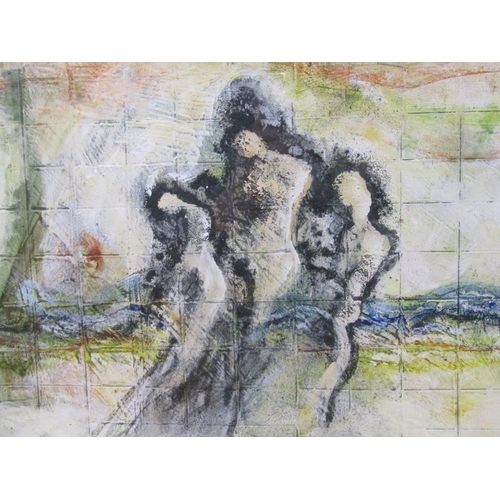 1267A - BEVERLEY 98 - ABSTRACT THREE FIGURES, SIGNED WATERCOLOUR ON PANEL, FRAMED, 30CM X 50CM