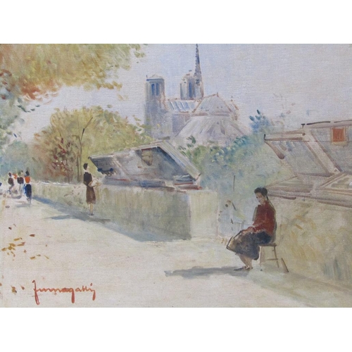 1269 - SIGNED INDISTINCTLY - ARTISTS CLOSE TO THE RIVER SEINE, SIGNED OIL ON CANVAS, FRAMED, 49CM X 59CM