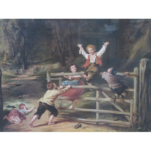 1273 - FRAMED COLOURED PRINT FROM PEARS - CHILDREN PLAYING ON A FIVE BAR GATE, 41CM X 54CM