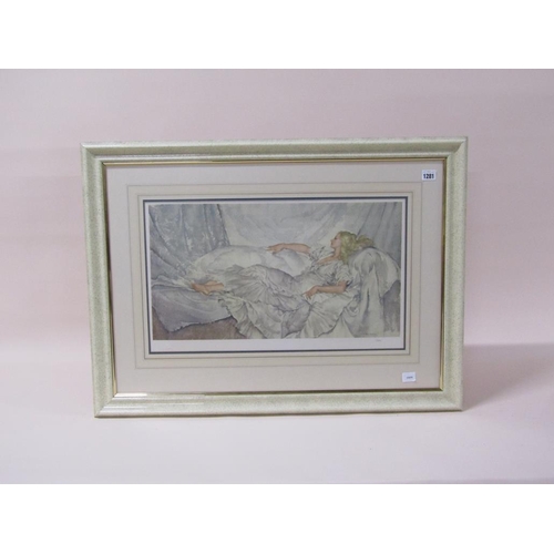 1281 - WILLIAM RUSELL FLINT - LADY RECLINING ON A SOFA, F/G COLOURED PRINT, 35CM X 60CM