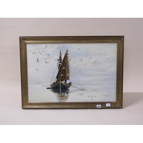 1283 - W YOUNG - FISHERMAN HAULING IN THE NETS, SIGNED OIL ON PANEL, FRAMED, 43CM X 64CM