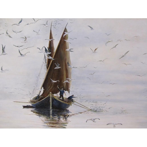 1283 - W YOUNG - FISHERMAN HAULING IN THE NETS, SIGNED OIL ON PANEL, FRAMED, 43CM X 64CM