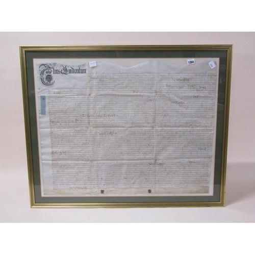 1284 - FRAMED ORIGINAL INDENTURE, 64CM X 80CM