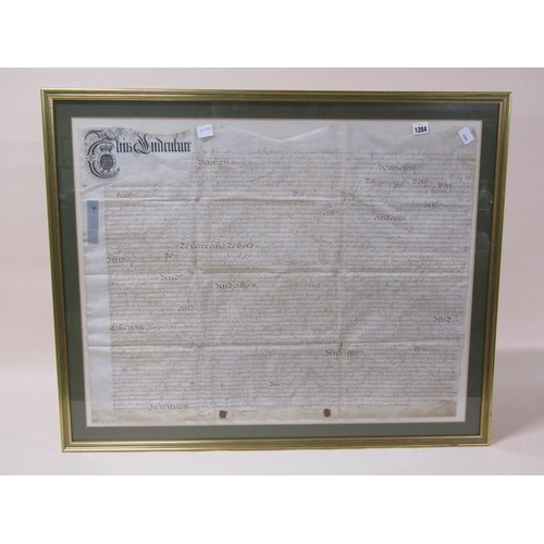 1284 - FRAMED ORIGINAL INDENTURE, 64CM X 80CM