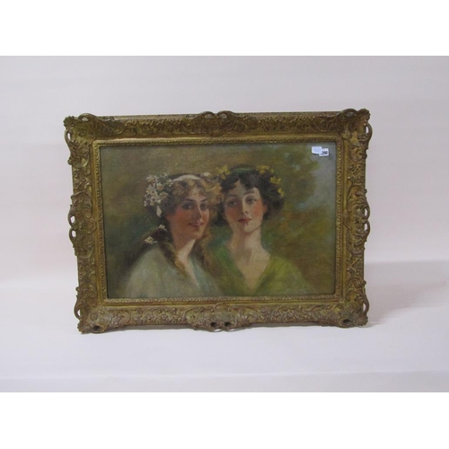 1290 - UNSIGNED - TWO EARLY 20C LADIES WITH FLOWERS IN THEIR HAIR, OIL ON CANVAS, FRAMED, 50CM X 74CM