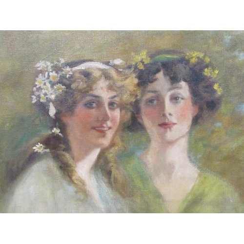 1290 - UNSIGNED - TWO EARLY 20C LADIES WITH FLOWERS IN THEIR HAIR, OIL ON CANVAS, FRAMED, 50CM X 74CM