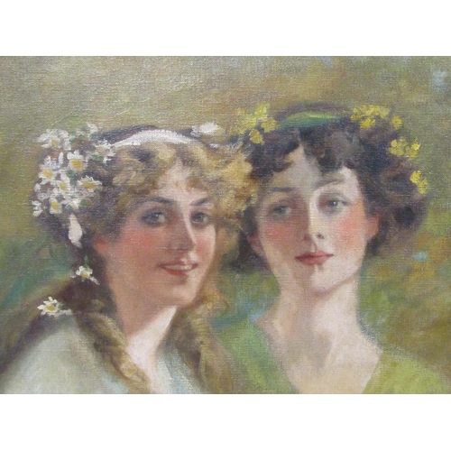 1290 - UNSIGNED - TWO EARLY 20C LADIES WITH FLOWERS IN THEIR HAIR, OIL ON CANVAS, FRAMED, 50CM X 74CM