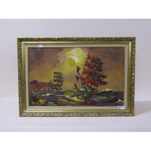 1292 - DEAKIN 80 - SAILING VESSELS AFTER A BATTLE, SIGNED OIL ON BOARD, FRAMED, 50CM X 80CM