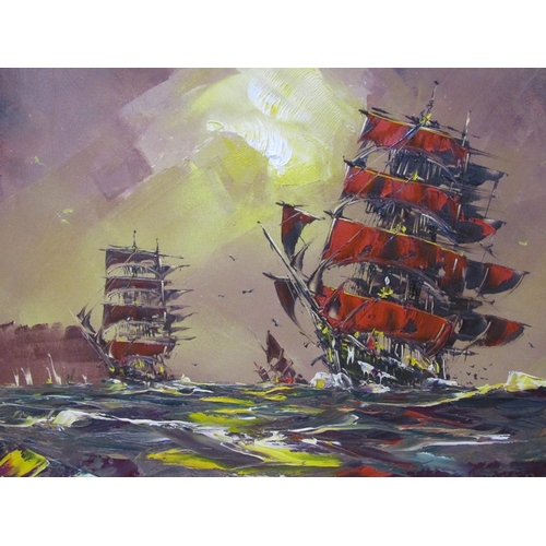 1292 - DEAKIN 80 - SAILING VESSELS AFTER A BATTLE, SIGNED OIL ON BOARD, FRAMED, 50CM X 80CM