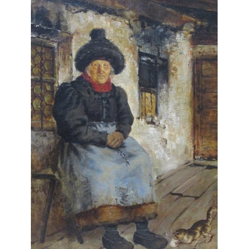 1296 - H. DETMOLD 78 - LADY SEATED WITH HER CAT, SIGNED AND DATED OIL ON BOARD, FRAMED, 45CM X 37CM