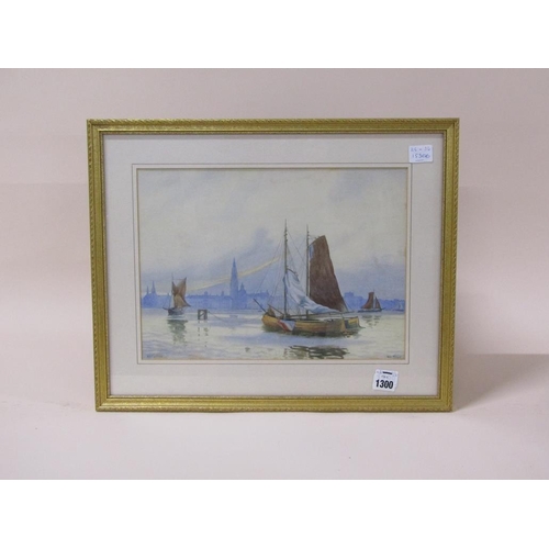 1300 - WILL MILLER - MOORED SAILING VESSELS IN RIVER SETTING, ANTWERP, SIGNED AND TITLED, F/G, WATERCOLOUR,... 