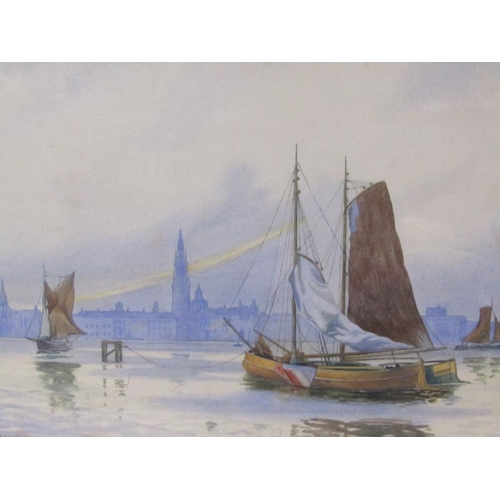 1300 - WILL MILLER - MOORED SAILING VESSELS IN RIVER SETTING, ANTWERP, SIGNED AND TITLED, F/G, WATERCOLOUR,... 