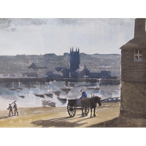 1303 - UNSIGNED - HORSE AND CART CLOSE TO A RIVER, WATERCOLOUR, F/G, 33CM X 43CM