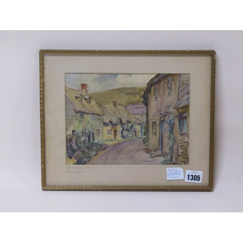 1305 - H.E SMART - THE VILLAGE STREET, WATERCOLOUR, F/G, 16CM X 22CM