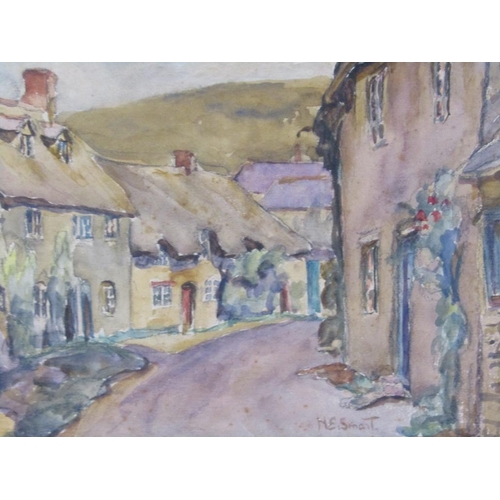 1305 - H.E SMART - THE VILLAGE STREET, WATERCOLOUR, F/G, 16CM X 22CM