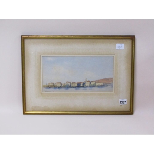 1307 - R. BRINNELL - CONTINENTAL RIVERSIDE TOWN, SIGNED WATERCOLOUR, F/G, 14CM X 27CM