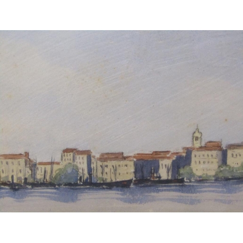 1307 - R. BRINNELL - CONTINENTAL RIVERSIDE TOWN, SIGNED WATERCOLOUR, F/G, 14CM X 27CM