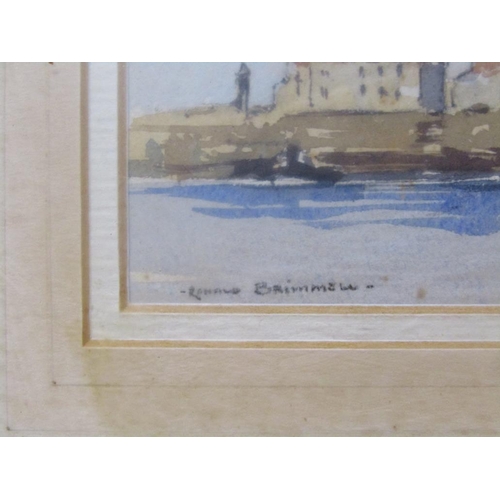 1307 - R. BRINNELL - CONTINENTAL RIVERSIDE TOWN, SIGNED WATERCOLOUR, F/G, 14CM X 27CM