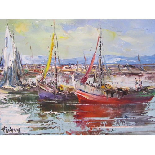 1308 - SIGNED INDISTINCTLY - FISHING VESSELS AT ANCHOR, OIL ON CANVAS, FRAMED, 18CM X 25CM