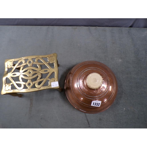 1332 - COPPER FOOT WARMER; BRASS TRIVET