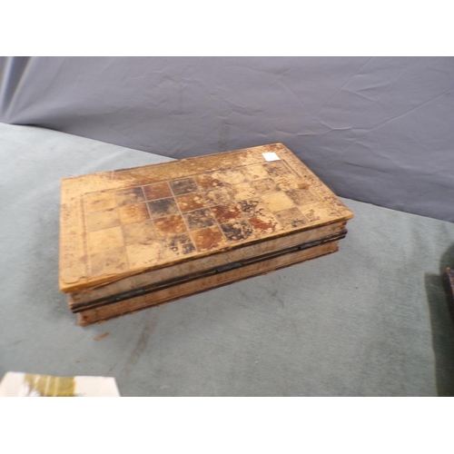 1346 - SHOVE HA'PENNY BOARD; COLLECTION OF WOODEN CHESS PIECSIN LEATHER COVERED BACKGAMMON BOX ETC