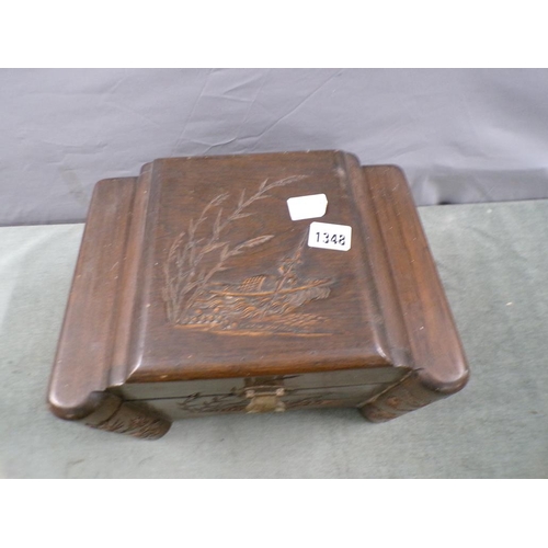 1348 - ORIENTAL CARVED HARD WOOD JEWEL BOX, 30CM W