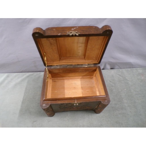 1348 - ORIENTAL CARVED HARD WOOD JEWEL BOX, 30CM W