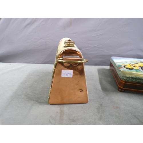 1359 - COPPER HOT WATER BOTTLE; BOXED COPPER BOTTLE - BOTH WITH NEEDLEWORK COVERING OF VINTAGE VEHICLES