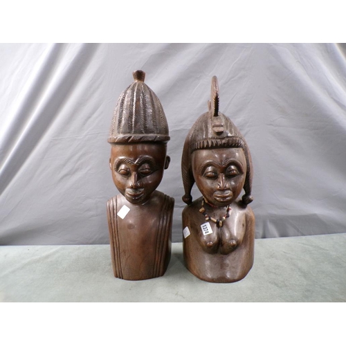 1374 - PAIR OF AFRICAN CARVED WOOD BUSKS OF A MALE AND FEMALE, EACH APPROX 50CM H