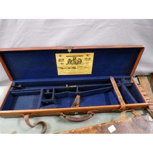 1377 - TWO LEATHER GUN CASES; LEATHER SLIP; CARTRIDGE BELT