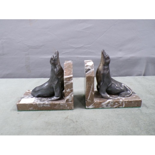 1487 - PAIR OF ART DECO MARBLE AND SPELTER SEALION BOOKENDS, 14.5CM H