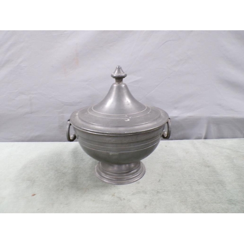 1495 - PEWTER PEDESTAL BOWL AND COVER, 27CM H