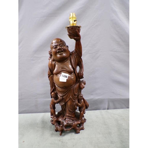 1496 - CARVED HOTEI TABLE LAMP, 57CM H