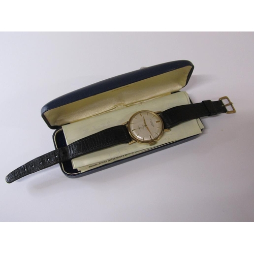 1507 - J.W.BENSON LONDON 9CT GOLD CASED GENTS WATCH ON BLACK LEATHER STRAP, IN ORIGINAL BOX WITH WARRANTY C... 