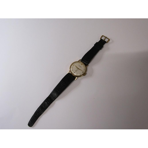 1507 - J.W.BENSON LONDON 9CT GOLD CASED GENTS WATCH ON BLACK LEATHER STRAP, IN ORIGINAL BOX WITH WARRANTY C... 