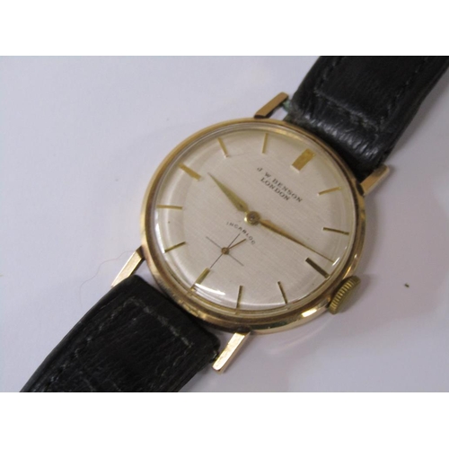 1507 - J.W.BENSON LONDON 9CT GOLD CASED GENTS WATCH ON BLACK LEATHER STRAP, IN ORIGINAL BOX WITH WARRANTY C... 