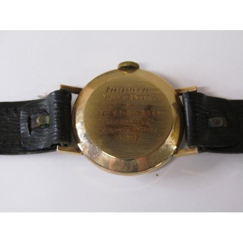 1507 - J.W.BENSON LONDON 9CT GOLD CASED GENTS WATCH ON BLACK LEATHER STRAP, IN ORIGINAL BOX WITH WARRANTY C... 