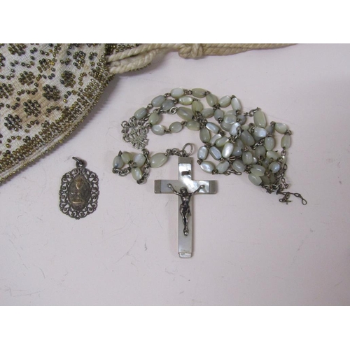 1527 - SILVER AND MOTHER OF PEARL ROSARY WITH SILVER PENDANT MEDAL, BEAD BAG