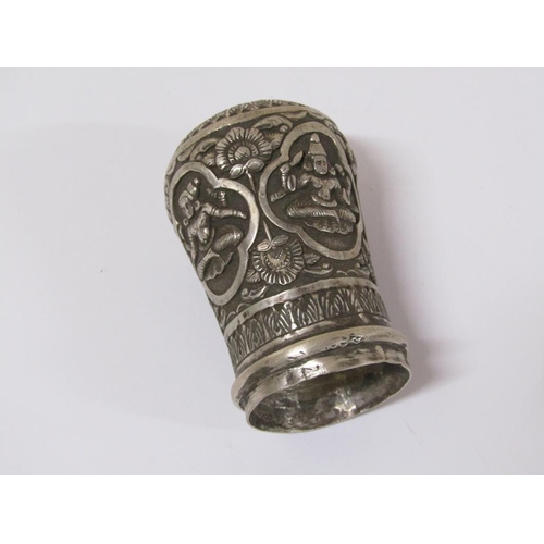 1536 - SILVER OVERSIZED THIMBLE, CONTINENTAL SILVER STICK HANDLE, TWO PAIRS OF TONGS