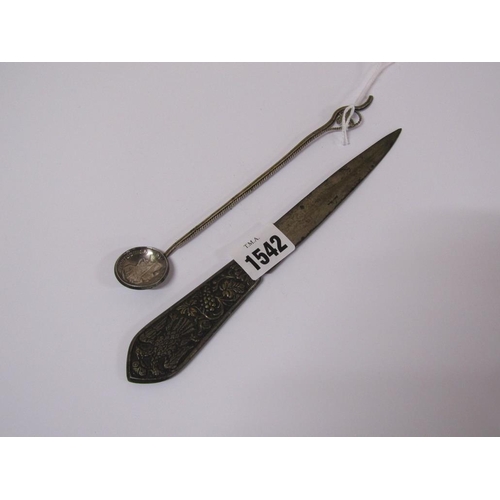 1542 - WHITE METAL AUSTRIAN LETTER OPENER, WHITE METAL SPOON