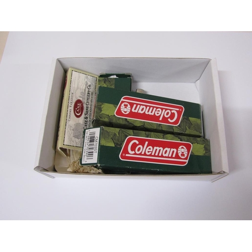 1544 - BOX OF THREE COLEMAN PENKNIVES; CASE PENKNIFE